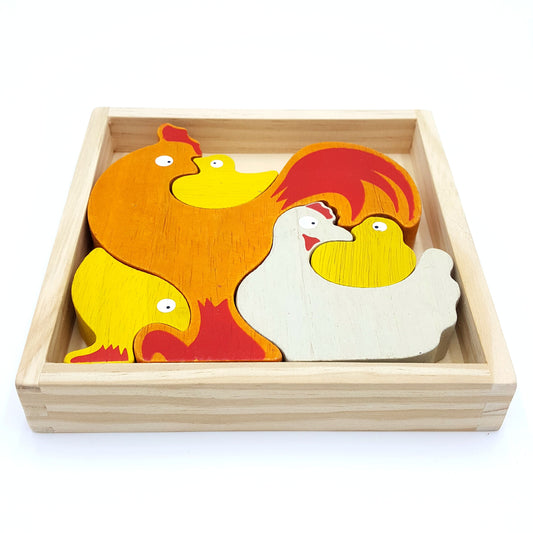 The Chicken Family Puzzle is a wooden puzzle and character play set all in one!