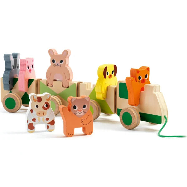 All critters aboard the Farm Pull Along Toy from Djeco.