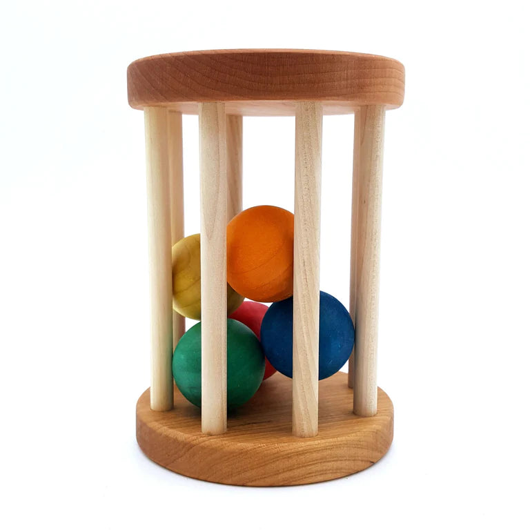 Montessori ball cylinder roller with 5 colourful balls inside. Made in USA.