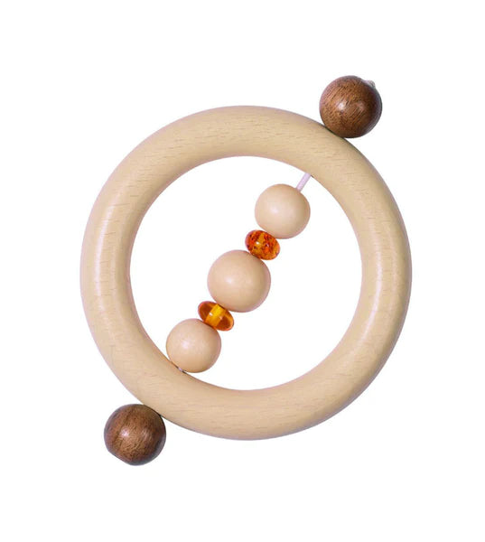Wood and Amber Ring Rattle/Grasper. Made in Germany by Heimess.