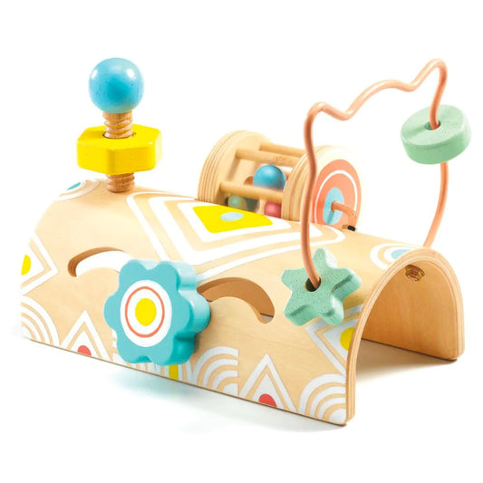 Baby activity board featuring an abacus, a whel, a screw, and a flower to move and rattle.