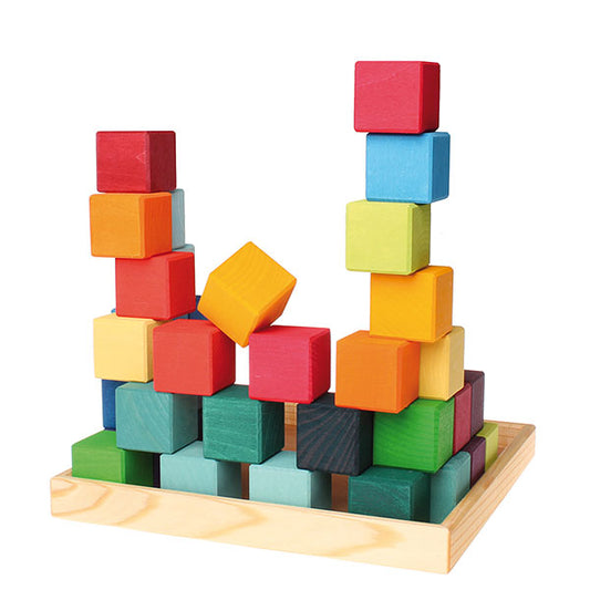 Natural Wooden Blocks - 12 Colourful Cube Blocks
