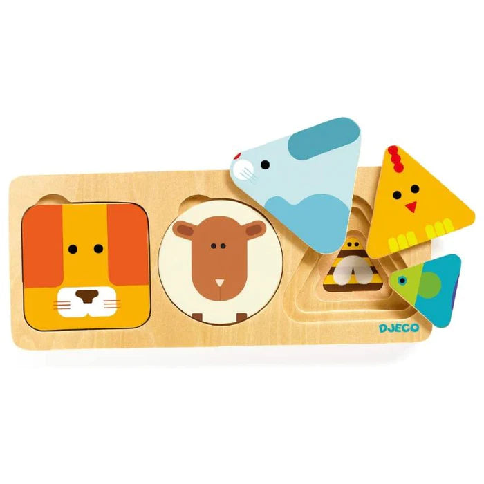 Layered Wooden Animals and Shapes Puzzle
