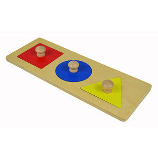 Classic Montessori first shape puzzle that includes a triangle, circle, and square.