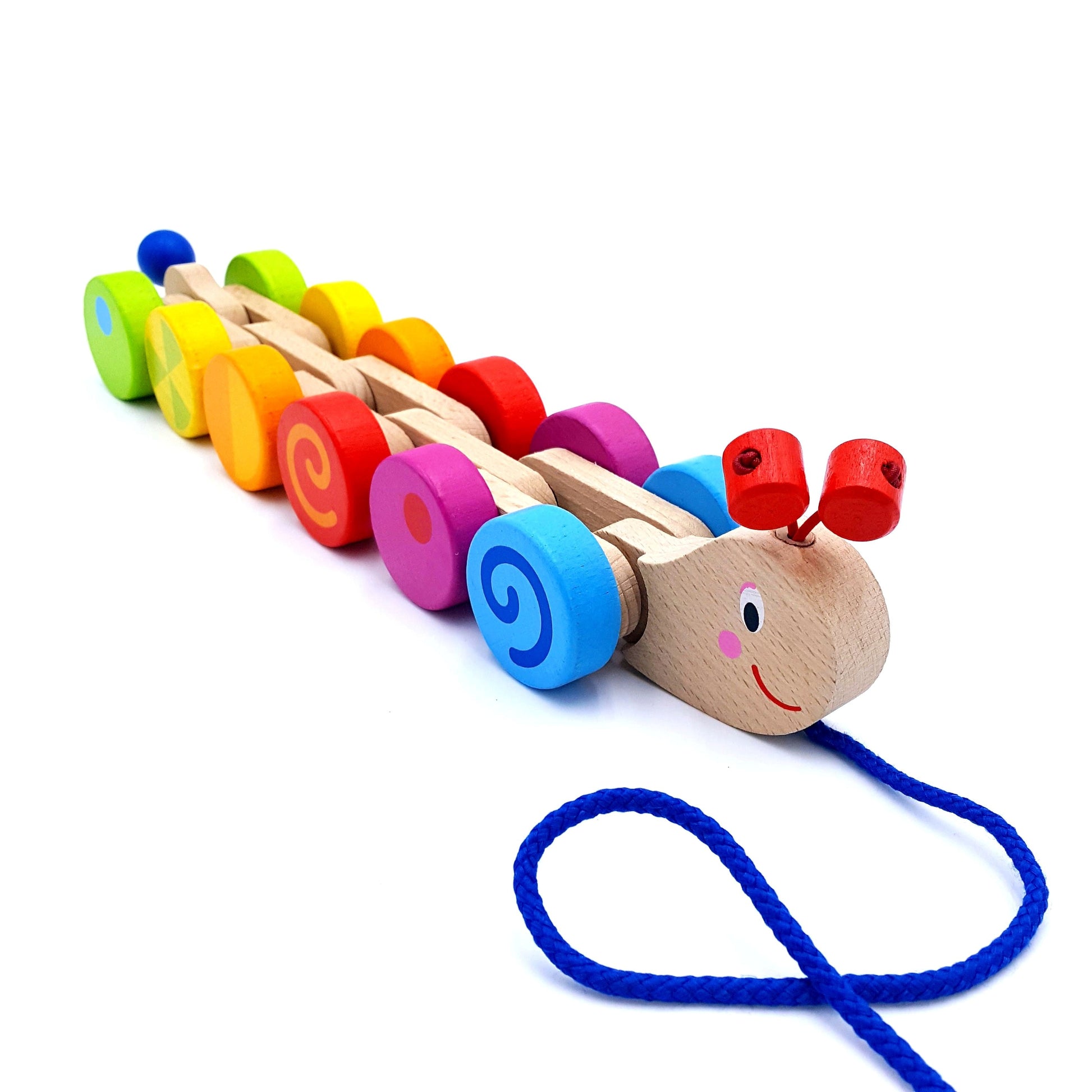 Colourful wooden caterpillar pull toy, with linking body segements.